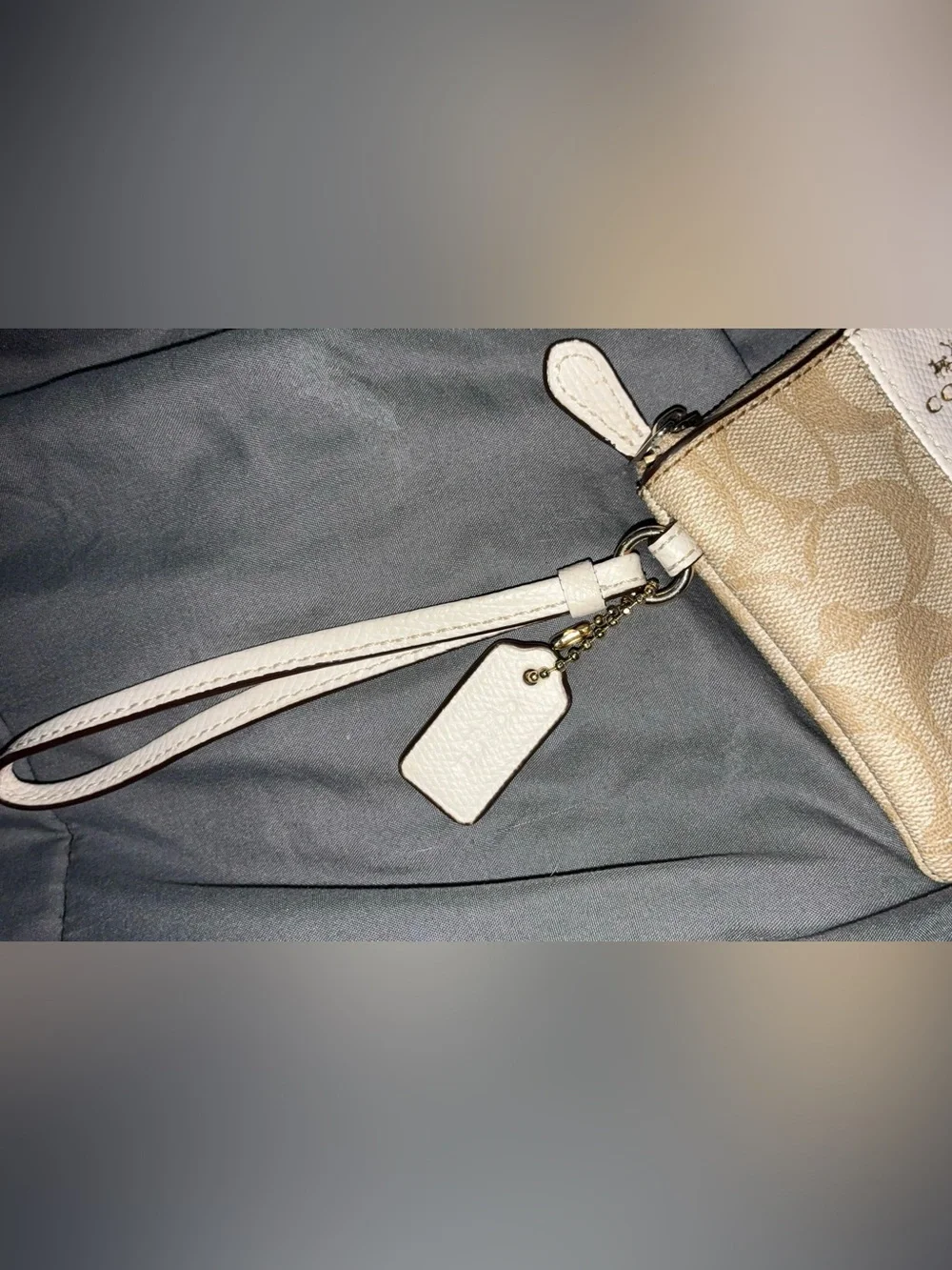 Coach Beige Signature Canvas Wristlet with Light Pink Center Stripe